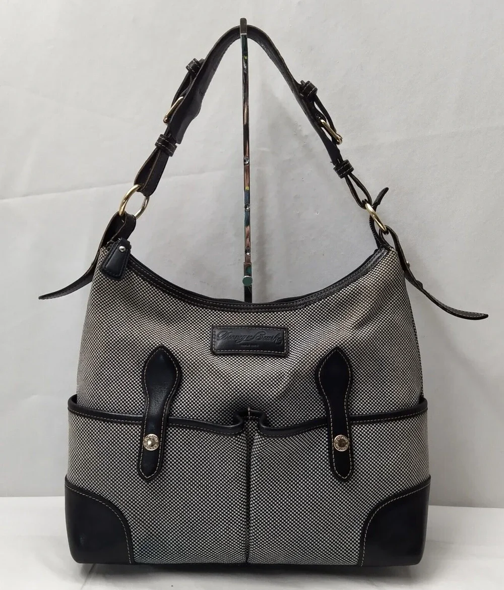 Dooney & Bourke Gray Canvas Leather Trim Front Pockets Zipper Hobo Shoulder Bag - Picture 1 of 16